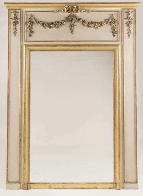 Large French Gilt and Painted Overmantle Mirror / Trumeau
