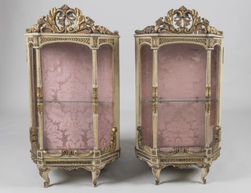 Pair of Wall Mounted French Carved Gilt and Painted Vitrines/ Display Cabinets