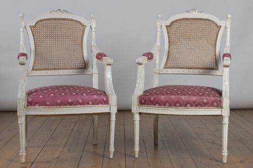 Pair of French Painted and Cane Salon Armchairs