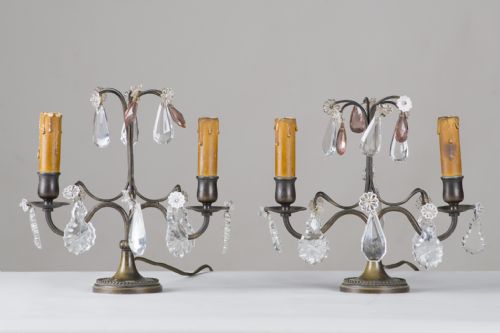Pair of French Patinated Brass and Glass Table Lights