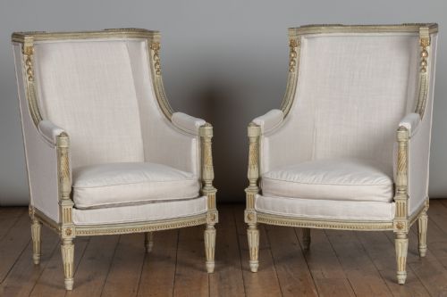 Pair of 19th Century Large French Painted and Gilt Bergere Armchairs