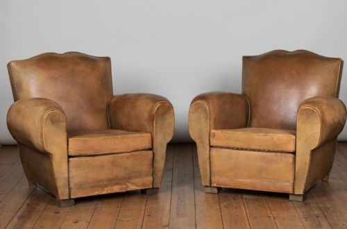 Pair of Large French Art Deco Leather Club Armchairs