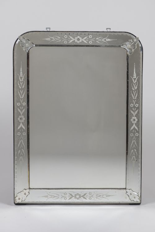 Venetian Glass Overmantle Mirror with Etched Flower Decoration.