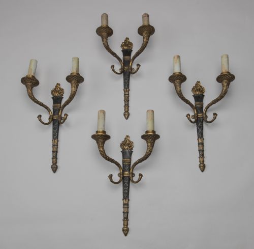 Set of Four French Bronze Panther Head Wall Sconces