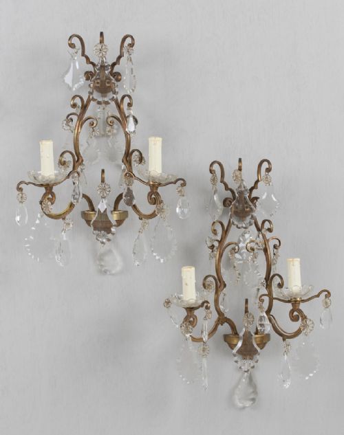 Pair of Large French Glass and Brass Wall Sconces