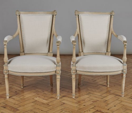 Pair of French Louis Xvi Style Painted Upholstered Armchairs.