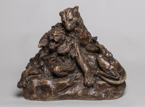 French Plaster Sculpture Depicting a Lion and Lioness.