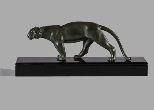 French Art Deco Bronze Sculpture of a Panther Signed Ouline Set on a Marble Base
