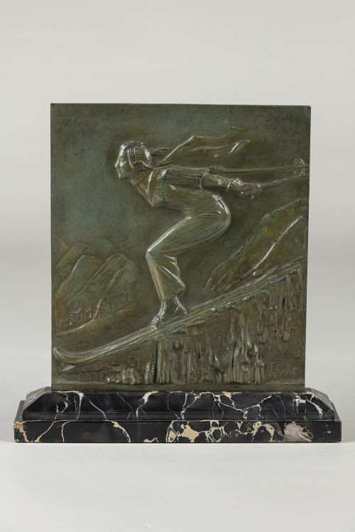 Sunning French Art Deco Bronze Sculpture of a Skier by F.focht