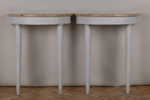 Pair of French Painted Console Tables with Marble Tops.