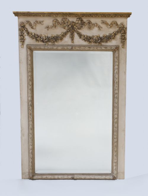 French Painted and Gilt Large Trumeau Overmantle Mirror.