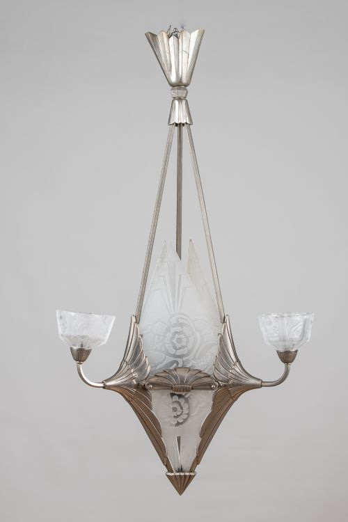 French Art Deco Chrome and Glass Hanging Light