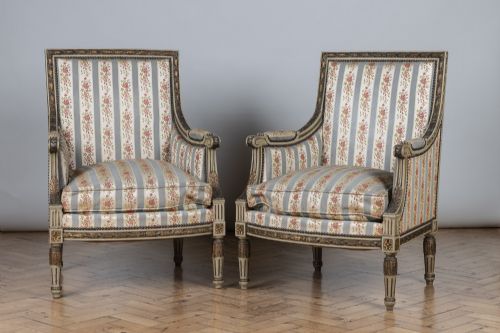 Pair of 19th Century French Large Painted and Gilt Bergere Armchairs