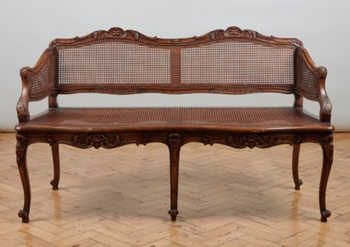 French Louis Xv Style Two Seater Carved Walnut Caned Sofa
