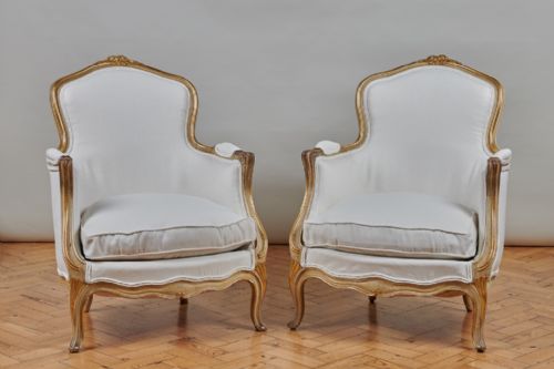 Pair of Large French Louis Xv Style Painted and Gilt Upholstered Bergere Armchairs