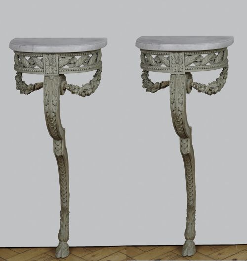 A Pair of 19th Century French Painted Console Tables with Carrara Marble Tops