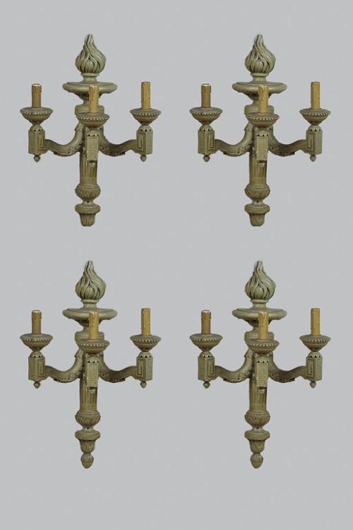 A Set of Four Large French Carved Wood Painted Wall Sconces.