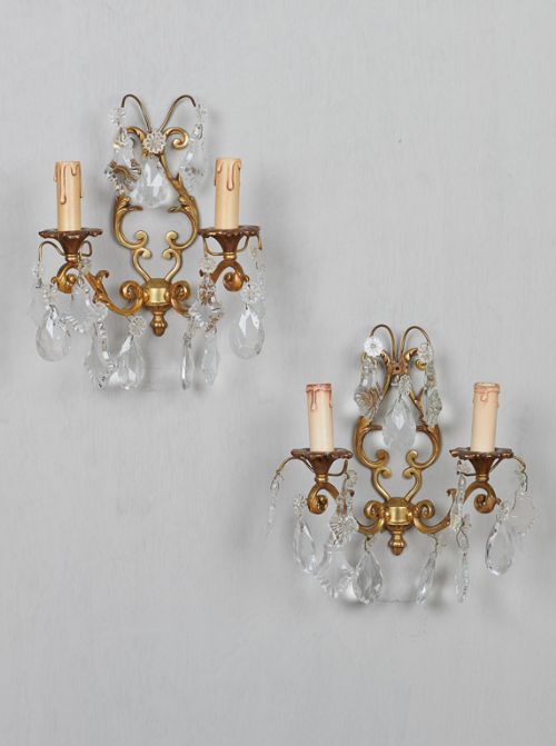 Pair of French Brass and Glass Wall Sconces
