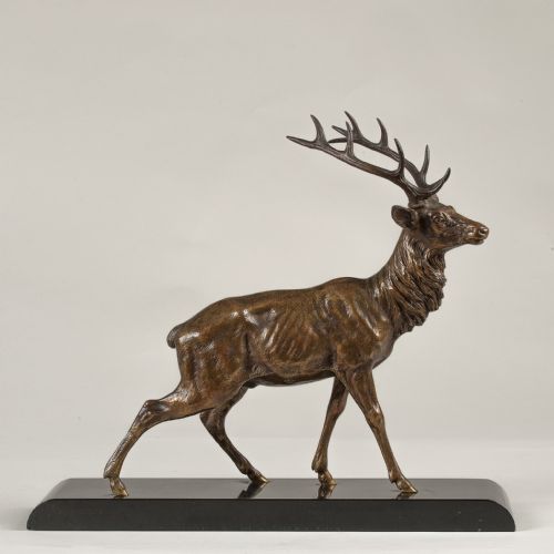 French Art Deco Bronze Sculpture of a Stag Set on a Black Marble Base