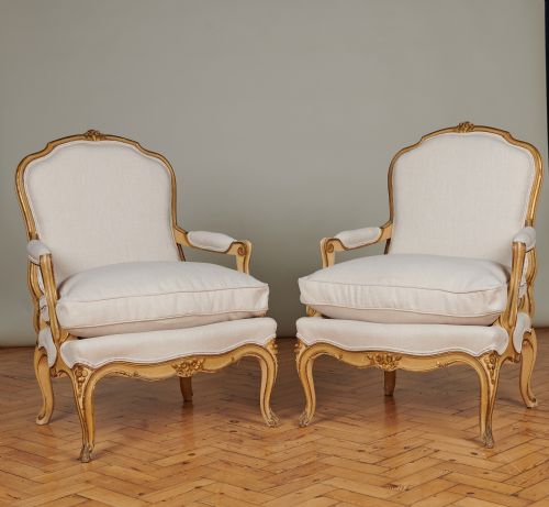 A Pair of Large French Louis Xv Style Gilt and Painted Upholstered Bergere Armchairs.