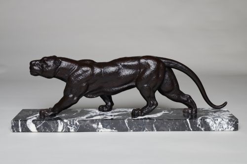 A Stunning French Art Deco Sculpture of a Spelter Panther Set on a Marble Base Signed  D.h.chiparus