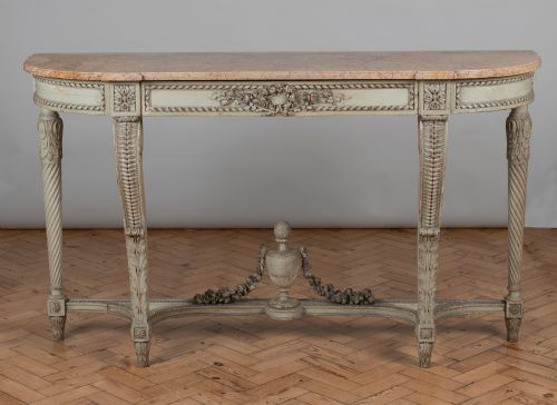 A Stunning 19th Century Large French Louis Xv1 Style Painted Carved Wood Console Table with a Marble Top.