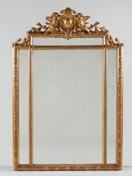 A 19th Century French Large Gilt Overmantle Mirror with Cherub Decoration.