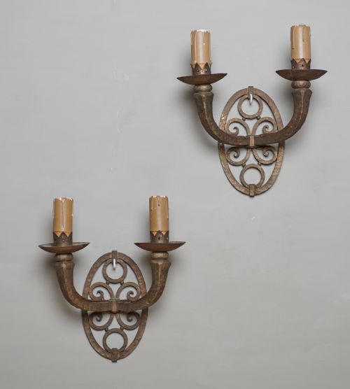 A Pair of French Twin Arm Iron Wall Sconces