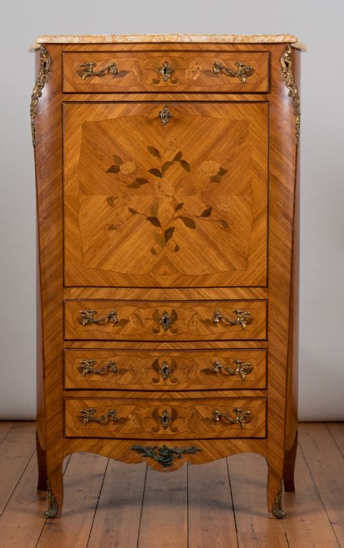 A Large French Fruitwood Inlaid Secretaire with a Sienna Marble Top.
