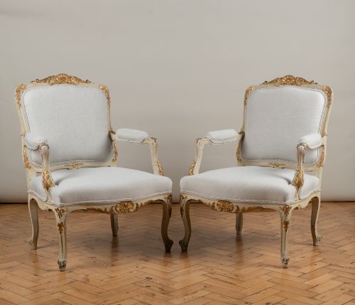 A Pair of Large French Louis Xv Style Painted and Gilt Upholstered Armchairs