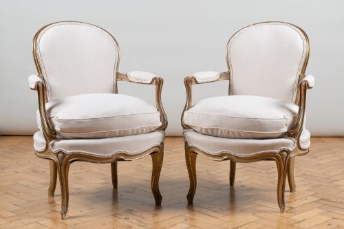 Pair of French Louis Xv Style Painted and Gilt Upholstered Armchairs.