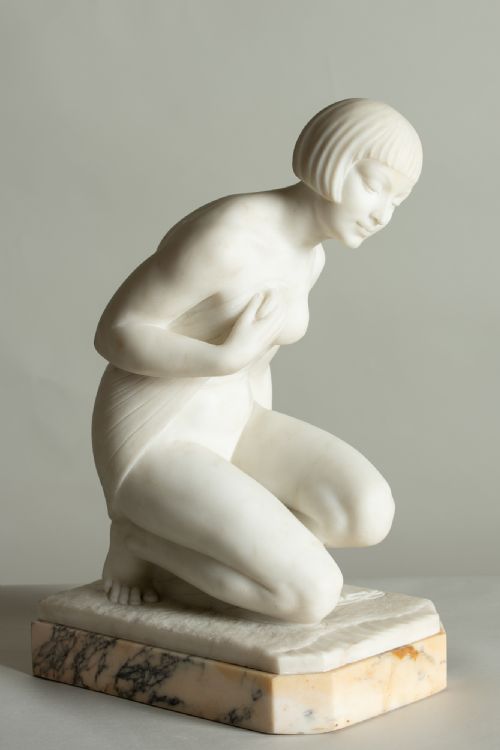A Stunning Italian Early Art Deco Large Carved Marble Sculpture of a Bathing Female. Signed Pugi
