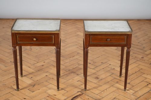 Pair of French Mahogany Bedside Cabinets with Marble Tops.