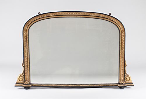 19th Century Large English Victorian Gilt and Ebonised Arch Top Overmantle Mirror.