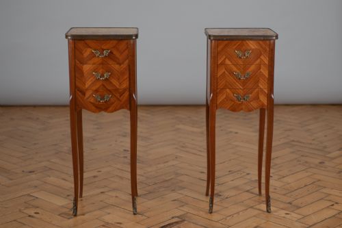A Pair of French Three Drawer Walnut Inlay Bedside Cabinets