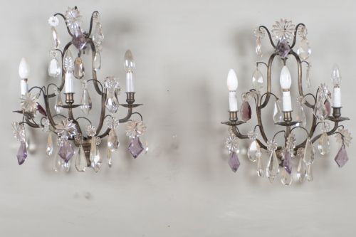 A Pair of Large French Glass and Silvered Metal Wall Sconces