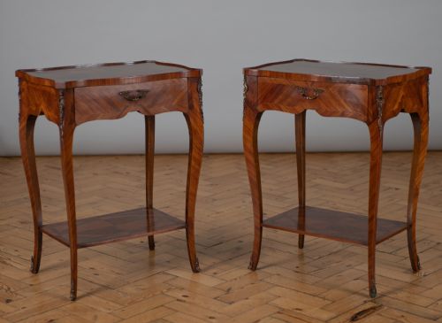 A Large Pair of French Walnut Veneered Single Drawer Side Tables with Inlaid Tops