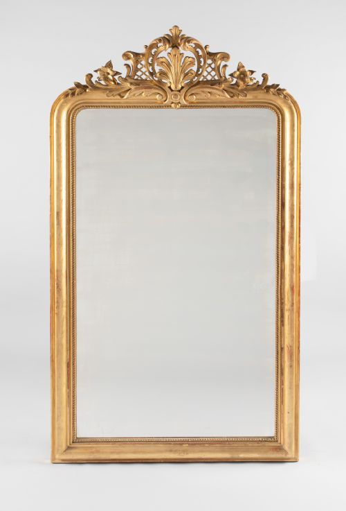 A Large 19th Century French Gilt Overmantle Mirror with Etched Gilt Decoration.