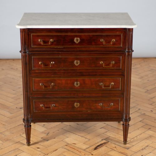 A Large French Four Drawer Mahogany Tall Chest of Drawers with Marble Top.
