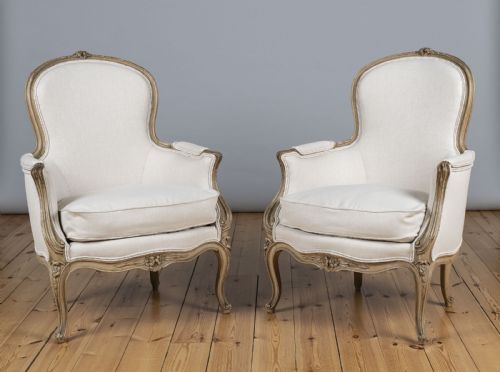 Pair of Large French Louis Xv Style Painted Upholstered Bergere Armchairs