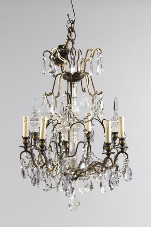 A Large French Glass and Brass Six Arm Chandelier