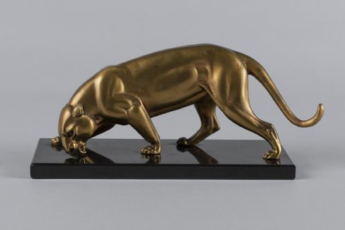 French Art Deco Sculpture of a Gilded Spelter Panther, on Black Marble Base. I Rochard