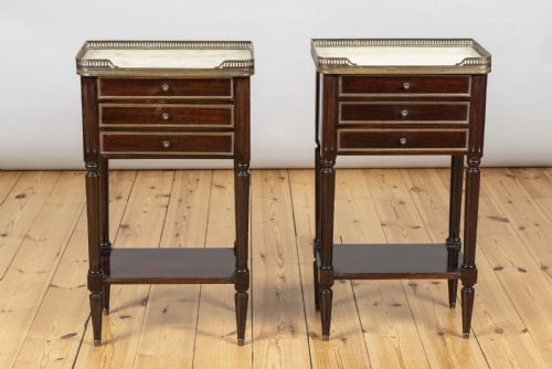 Pair of French Three Drawer Mahogany Bedside Cabinets with Marble Tops.