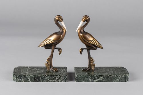 Pair of French Art Deco Bronze Stork Bookends, Signed Gual
