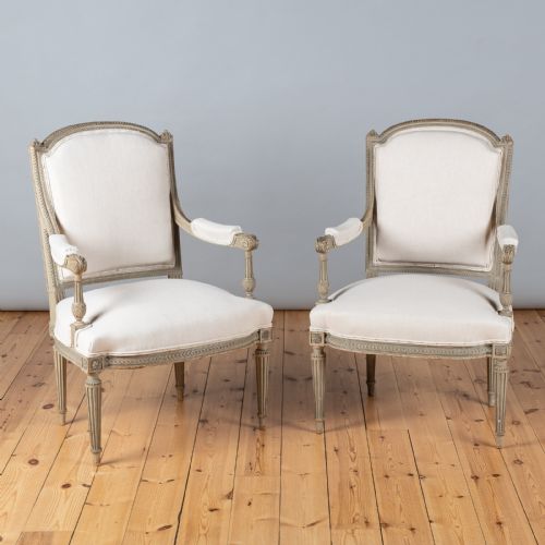 Pair of French Louis Xvi Style Painted Upholstered Armchairs.
