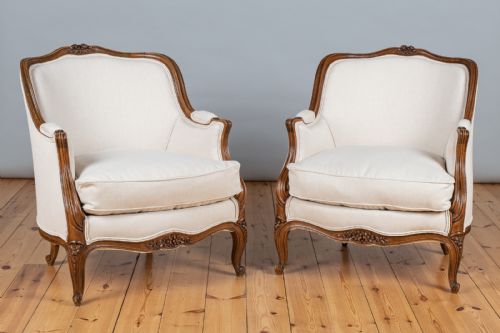 A Pair of Large French Louis Xv Style Walnut Bergere Armchairs