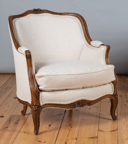 A Large French Louis Xv Style Walnut Bergere Upholstered Armchair.