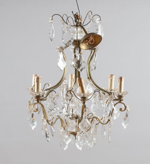 Large French Glass and Brass Chandelier