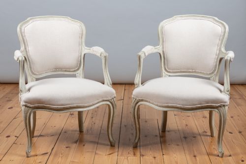 Pair of Large French Louis Xv Style Painted Upholstered Armchairs