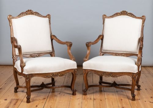 Pair of Large French Walnut and Parcel-gilt Armchairs
